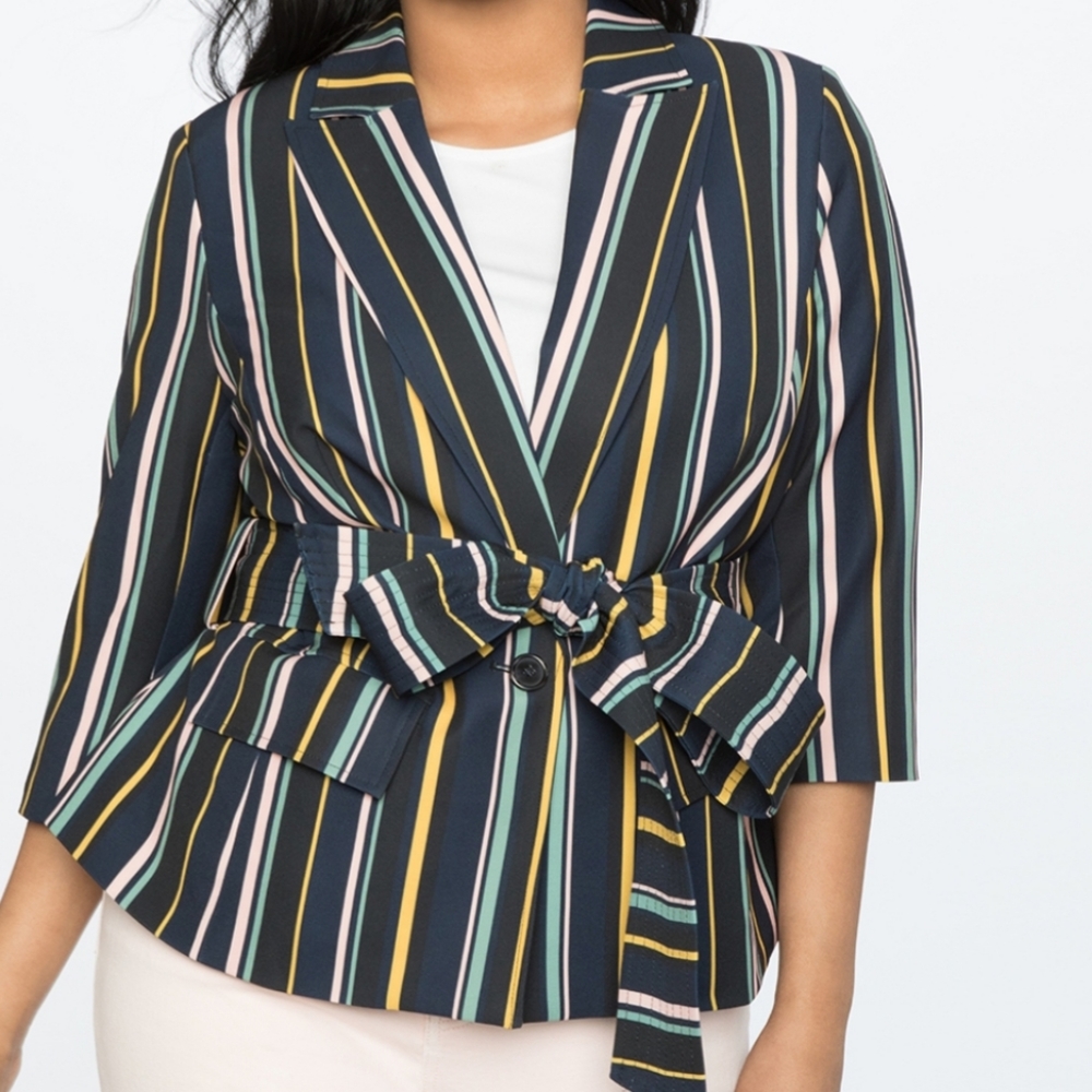 Eloquii Stripe One Button Tie Waist Jacket